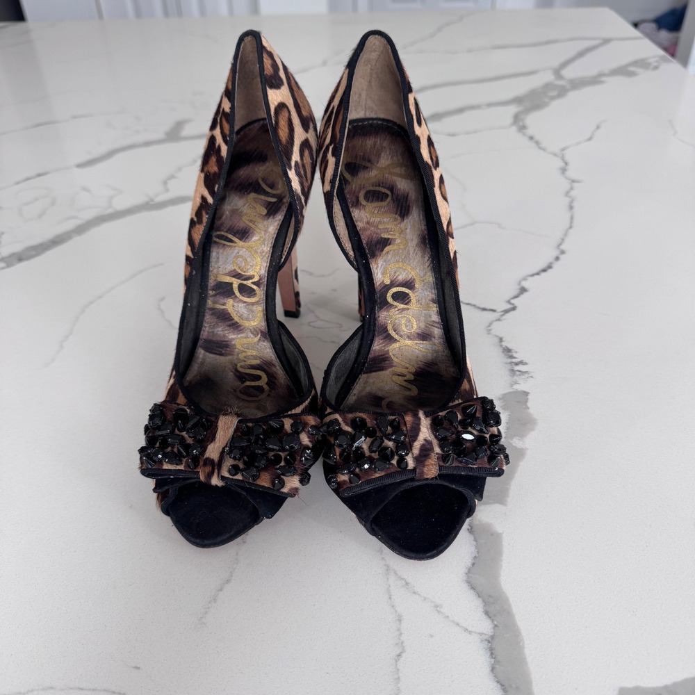 Sam Edelman Leopard Calf Hair Studded Bow D'Orsay Peep Toe 10M see description